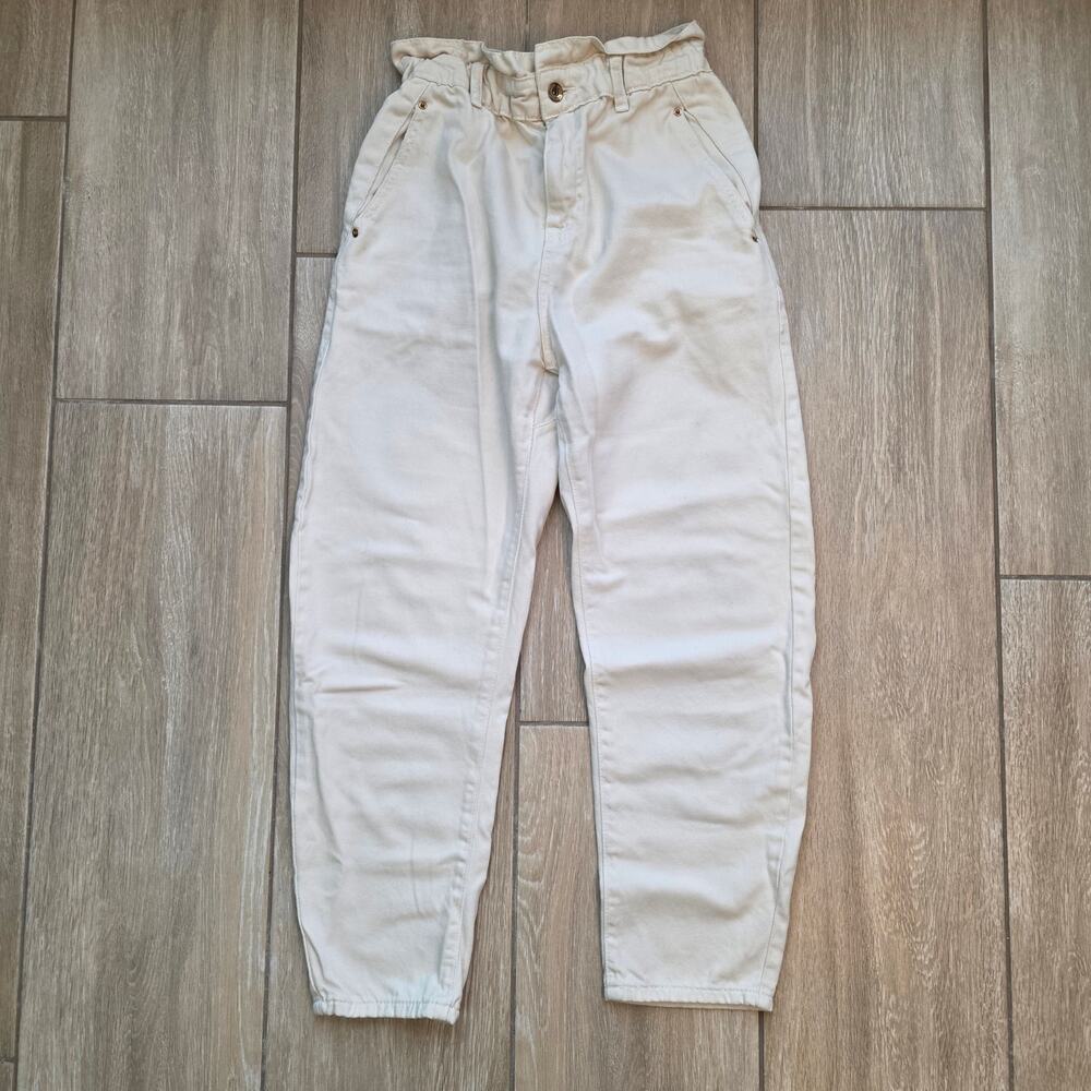 Zara Barrel Pants Womens 2 Cream High Rise Paperbag Waist Tapered Casual